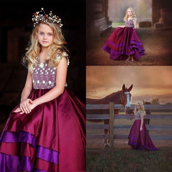 satin tiered girls pageant gowns 2017 v neck little flowers appliques high low burgundy purple flower girl dresses for wedding, White;blue
satin tiered girls pageant gowns 2017 v neck little flowers appliques high low burgundy purple flower girl dresses for wedding, White;blue