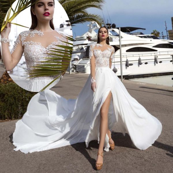 beach wedding dresses illusion long sleeve appliques a-line brial gowns chiffon split side custom made, White
beach wedding dresses illusion long sleeve appliques a-line brial gowns chiffon split side custom made, White