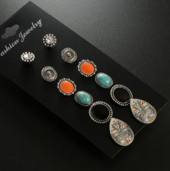 

fashion stud ear sets ( 6 pairs each sets) orange fake gemstone fresh turquoise womens stud earrings, Golden;silver