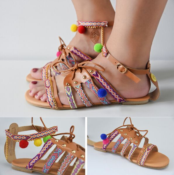 ethnic style women sandals gladiator pu leather flat shoes pom-pom sandals, Black