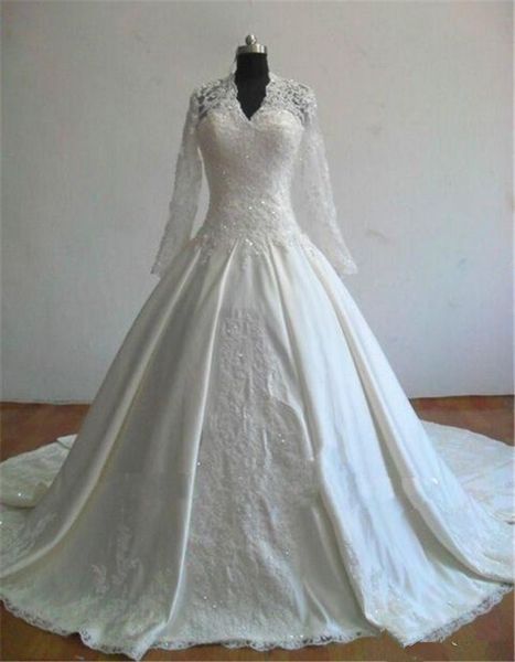 actual image long sleeve wedding dresses v neck beads appliques lace satin a line royal bridal gowns custom size, White
actual image long sleeve wedding dresses v neck beads appliques lace satin a line royal bridal gowns custom size, White