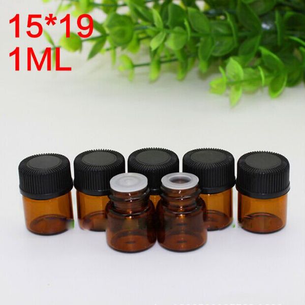 5400pcs/lot 1ml (1/4 Dram) Amber Glass Essential Oil Bottles Perfume Sample Tubes Mini Brown Bottles With Plug And Black Caps Dhl