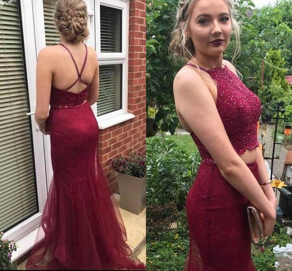 2 piece burgundy mermaid prom dresses halter beaded lace evening dresses backless floor length prom gowns 2017 fall new arrival, Black
2 piece burgundy mermaid prom dresses halter beaded lace evening dresses backless floor length prom gowns 2017 fall new arrival, Black