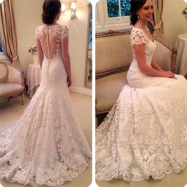 short sleeve lace wedding dresses mermaid v neck sweep train elegant classic design bridal gowns custom made fashion, White
short sleeve lace wedding dresses mermaid v neck sweep train elegant classic design bridal gowns custom made fashion, White