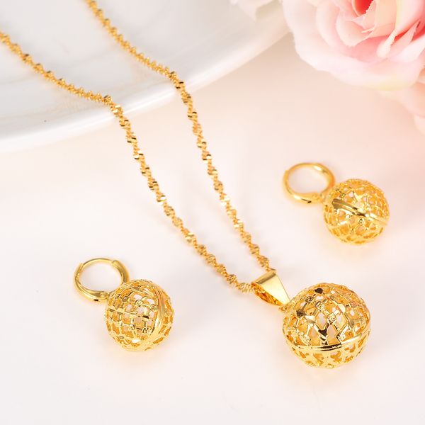 round ball pendant necklace chain earrings lantern sets jewelry 14k real yellow fine gold bead necklaces sets for women ing, Silver
