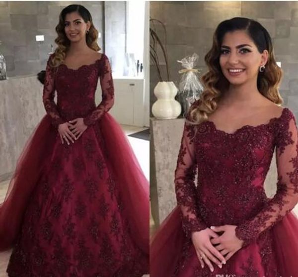2021 illusion neckline burgundy lace long sleeves evening dresses with removable skirt arabic long prom party gowns vestidos de fiesta, Black
2021 illusion neckline burgundy lace long sleeves evening dresses with removable skirt arabic long prom party gowns vestidos de fiesta, Black