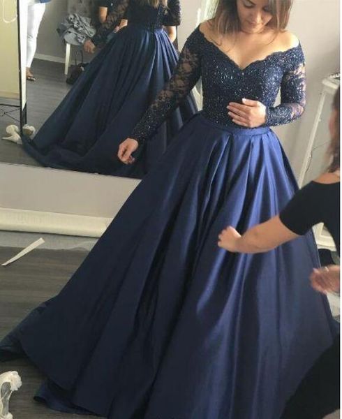 2017 navy blue ball gown prom dresses off the shoulder sheer long sleeve lace crystal beads draped satin skirt dresses evening, Black
2017 navy blue ball gown prom dresses off the shoulder sheer long sleeve lace crystal beads draped satin skirt dresses evening, Black