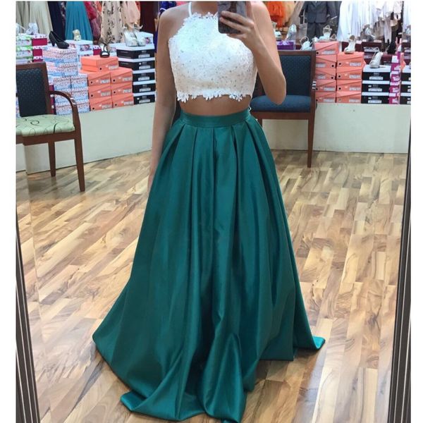two pieces prom dresses halter neck beaded lace satin skirt a line fashion girls party gowns custom size, Black
two pieces prom dresses halter neck beaded lace satin skirt a line fashion girls party gowns custom size, Black