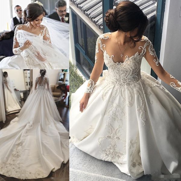 2017 new luxury wedding dresses a line jewel neck illusion long sleeves lace appliques beaded cathedral train plus size formal bridal gowns, White
2017 new luxury wedding dresses a line jewel neck illusion long sleeves lace appliques beaded cathedral train plus size formal bridal gowns, White