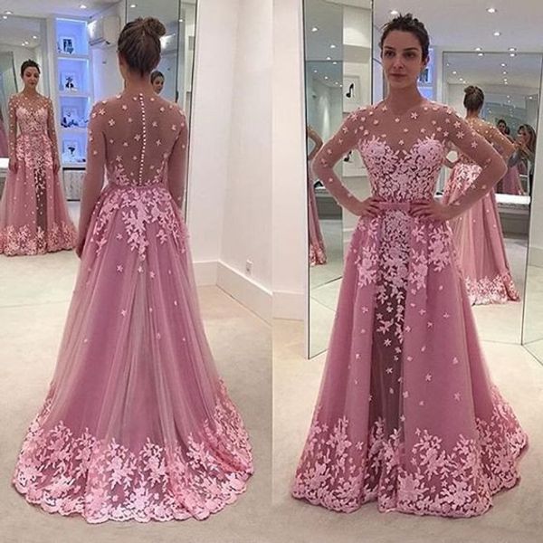 romantic a line pink evening dresses jewel sheer neck long sleeve with detachable train formal evening wear appliques tulle long prom gowns, Black;red
romantic a line pink evening dresses jewel sheer neck long sleeve with detachable train formal evening wear appliques tulle long prom gowns, Black;red