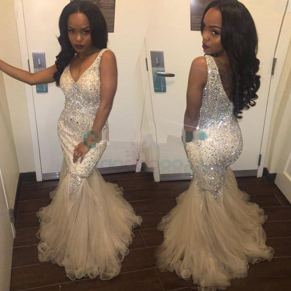 sparkly beaded champagne evening gowns 2017 african v neck low back mermaid prom dresses floor length cocktail party dress, Black
sparkly beaded champagne evening gowns 2017 african v neck low back mermaid prom dresses floor length cocktail party dress, Black