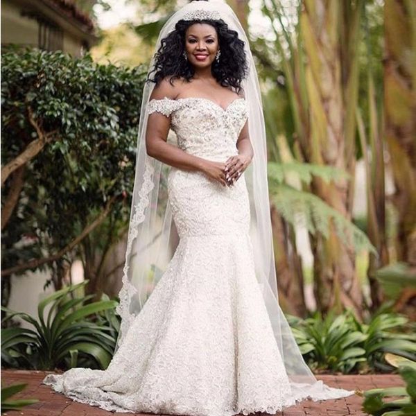 african plus size wedding dresses retro lace beaded off the shoulder mermaid bridal gowns custom made sweep train wedding vestidos, White
african plus size wedding dresses retro lace beaded off the shoulder mermaid bridal gowns custom made sweep train wedding vestidos, White