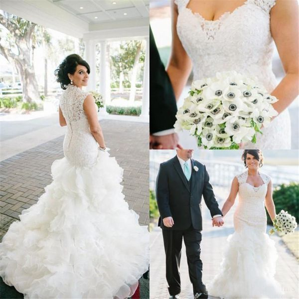 cap sleeves sweetheart button back bridal gowns with cascading ruffles vintage mermaid lace wedding dresses vestidos de novia, White
cap sleeves sweetheart button back bridal gowns with cascading ruffles vintage mermaid lace wedding dresses vestidos de novia, White