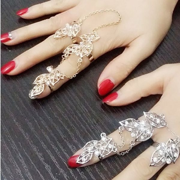 

punk rhinestoned leaf nail armor chain gold /silver tone resizable cross knuckle joint knuckle armor ring sets