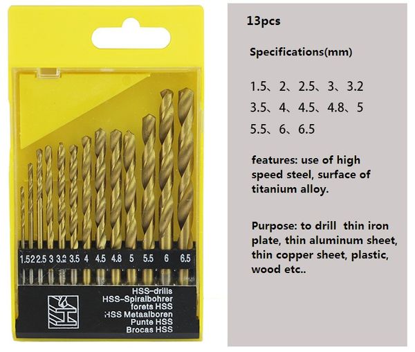 13 pcs titanium coating hole saw 1.5mm-6.5mm metalworking twist mini hard metal hss drill bit set tool for thin iron plate thin aluminium sh
13 pcs titanium coating hole saw 1.5mm-6.5mm metalworking twist mini hard metal hss drill bit set tool for thin iron plate thin aluminium sh