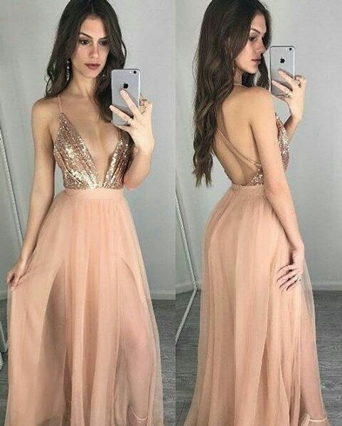 backless nude a-line long prom dresses deep v neck spaghetti straps bridesmaid dresses two side slit evening party dresses, Black
backless nude a-line long prom dresses deep v neck spaghetti straps bridesmaid dresses two side slit evening party dresses, Black