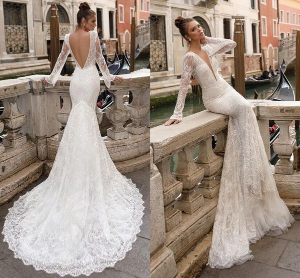2018 berta mermaid lace wedding dresses long sleeves deep v-neck backless bridal gowns custom made court train vestido de novia, White
2018 berta mermaid lace wedding dresses long sleeves deep v-neck backless bridal gowns custom made court train vestido de novia, White