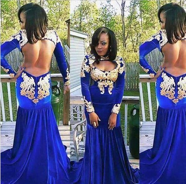 2017 new velvet mermaid prom dress elegant high neck long sleeve gold applique sweep train evening dresses, Black
2017 new velvet mermaid prom dress elegant high neck long sleeve gold applique sweep train evening dresses, Black