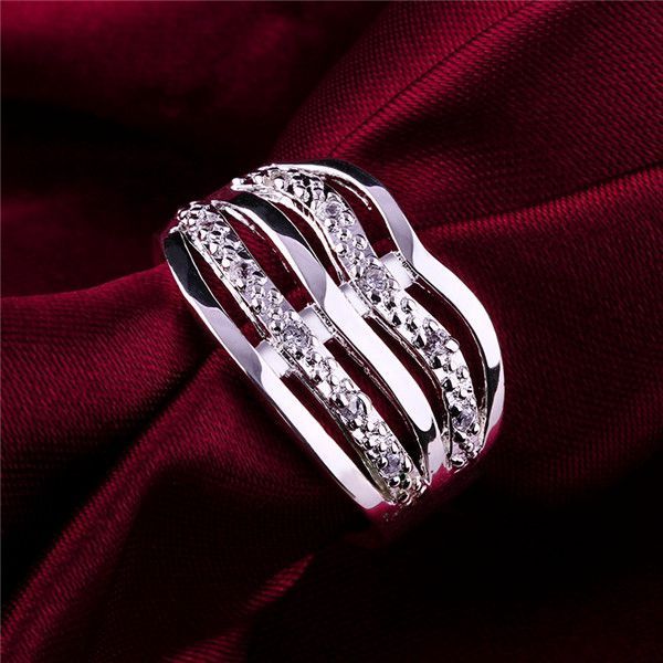 inlay corrugated sterling silver plated ring gr413,women's white gemstone 925 silver wedding rings, Slivery;golden