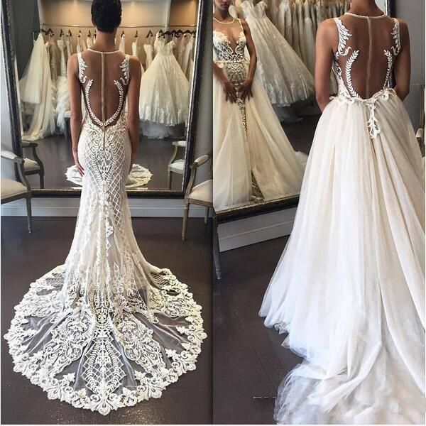 luxury lace wedding dresses sheer neck illusion back with overskirts sweep train a line bridal gowns custom made wedding vestidos, White
luxury lace wedding dresses sheer neck illusion back with overskirts sweep train a line bridal gowns custom made wedding vestidos, White