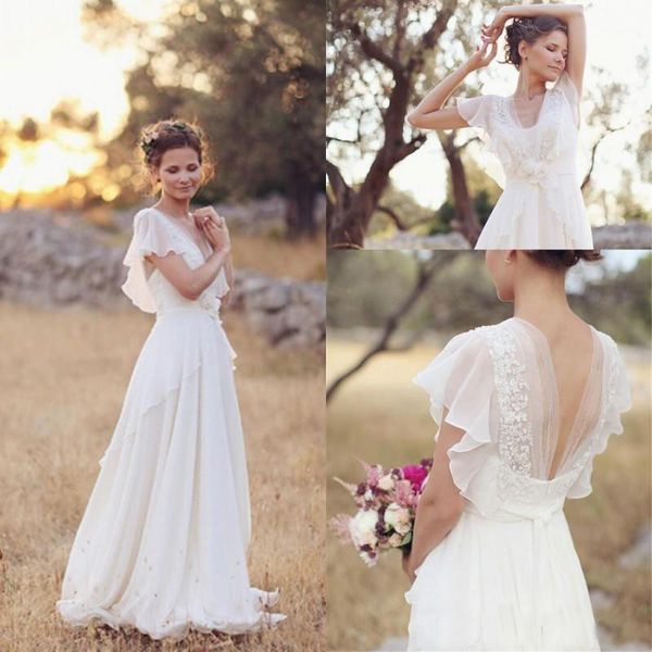

2017 Modest Beach Boho Wedding Dresses V Neck A Line Cap Sleeves Bride Gowns Vestidos De Novia Pregnant Custom Size
