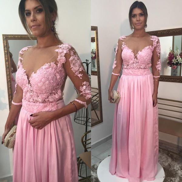 long pink mother of the bride dresses v neck inllusion three quarter sleeve appliques lace chiffon women formal gowns, Black;red
long pink mother of the bride dresses v neck inllusion three quarter sleeve appliques lace chiffon women formal gowns, Black;red