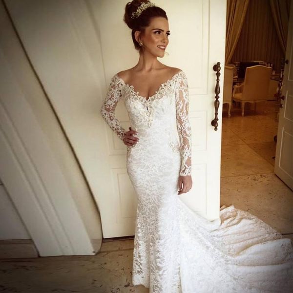 elegant full lace sheer long sleeve wedding dresses off the shoulder v neck bridal gowns summer beach mermaid wedding gowns vintage, White
elegant full lace sheer long sleeve wedding dresses off the shoulder v neck bridal gowns summer beach mermaid wedding gowns vintage, White