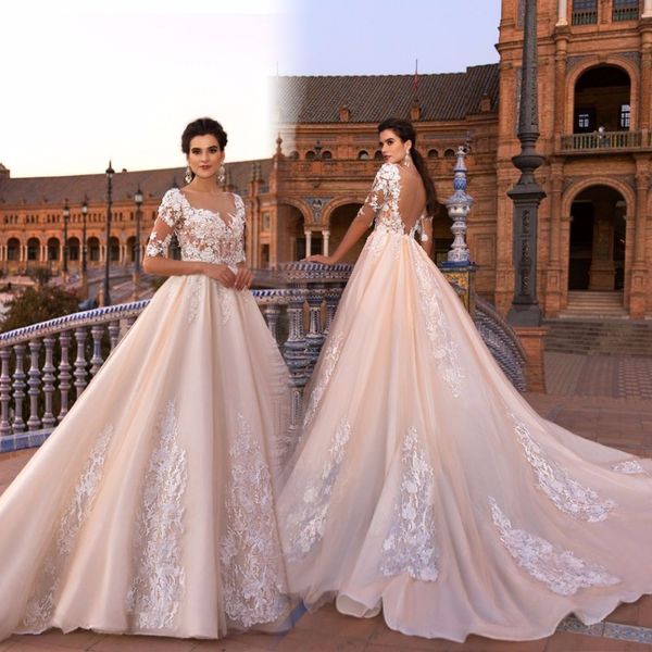 custom gelinlik a-line lace wedding dresses 2018 with half sleeves boat neck appliqued tulle wedding bridal gowns vestido de noiva, White
custom gelinlik a-line lace wedding dresses 2018 with half sleeves boat neck appliqued tulle wedding bridal gowns vestido de noiva, White