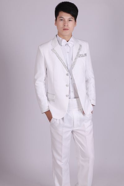 wholesale- (jacket+pants) three buttons mens white silver wedding suit men master stage show host singer suits, White;black
wholesale- (jacket+pants) three buttons mens white silver wedding suit men master stage show host singer suits, White;black