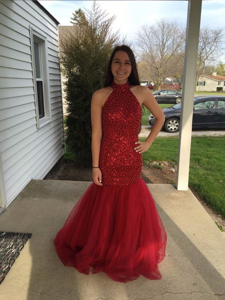 red high neck backless prom dresses sweep train bling bling beads mermaid tulle formal evening gowns party dresses 2019 fashionable p302, Black
red high neck backless prom dresses sweep train bling bling beads mermaid tulle formal evening gowns party dresses 2019 fashionable p302, Black