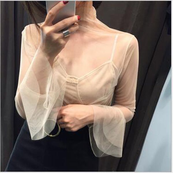 2017 new fashion wholesale fashion speaker sleeves perspective long eugen yarn blouse t-shirt four color women's clothing, White
2017 new fashion wholesale fashion speaker sleeves perspective long eugen yarn blouse t-shirt four color women's clothing, White