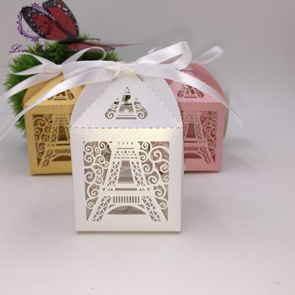 

wholesale- 50pcs wedding favors and gifts for guests decoration party supplies laser eiffel tower romantic paris candy chocolate box decor