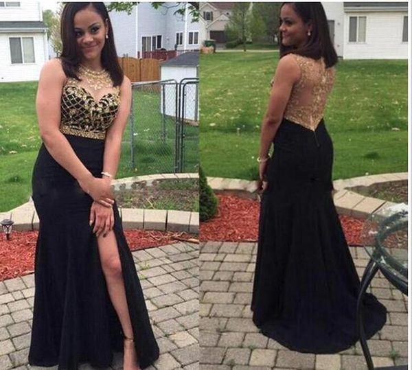 2017 couple fashion new sheer crew neck illusion back prom dresses high split gold beaded crystals long evening dresses, Black
2017 couple fashion new sheer crew neck illusion back prom dresses high split gold beaded crystals long evening dresses, Black
