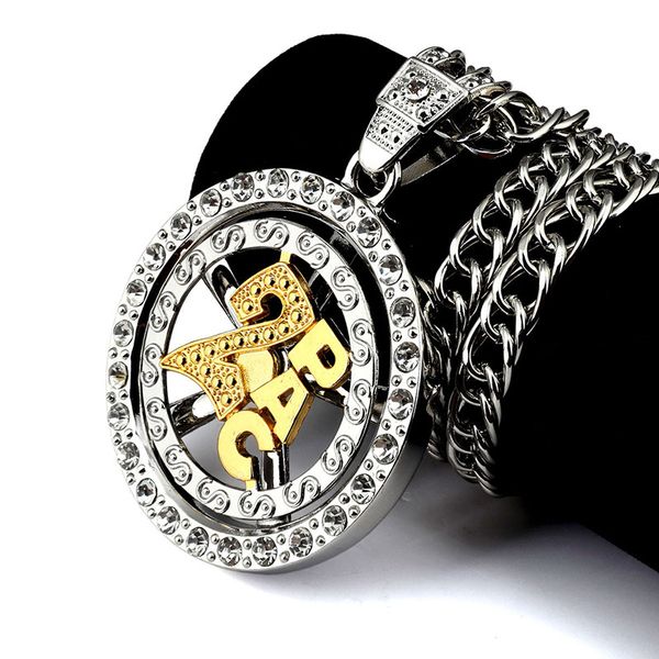 

Хип-хоп ожерелье золото серебро 2Pac вращающийся круглый кулон ожерелье CZ Кристалл