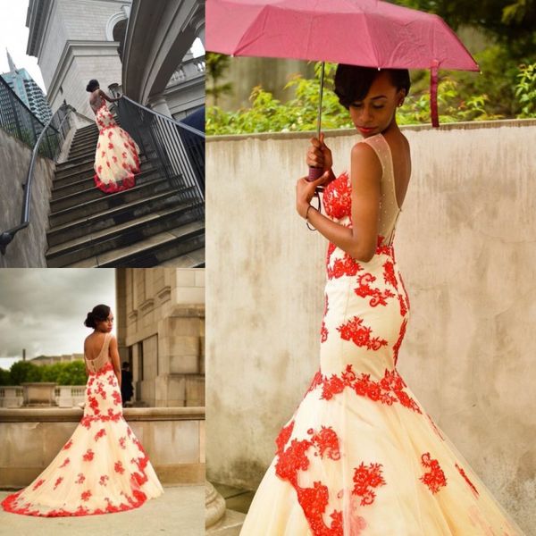 fashion ivory red appliques long prom dresses mermaid sheer jewel neck beaded backless puffy skirt long evening gowns for arabic africans, Black
fashion ivory red appliques long prom dresses mermaid sheer jewel neck beaded backless puffy skirt long evening gowns for arabic africans, Black