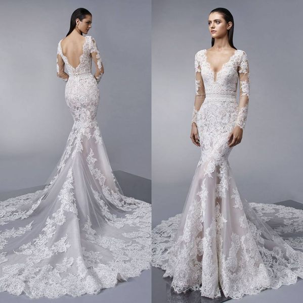 stylish mermaid lace wedding dresses with long sleeves v-neck backless bridal gowns applique court train trumpet tulle wedding dress, White
stylish mermaid lace wedding dresses with long sleeves v-neck backless bridal gowns applique court train trumpet tulle wedding dress, White
