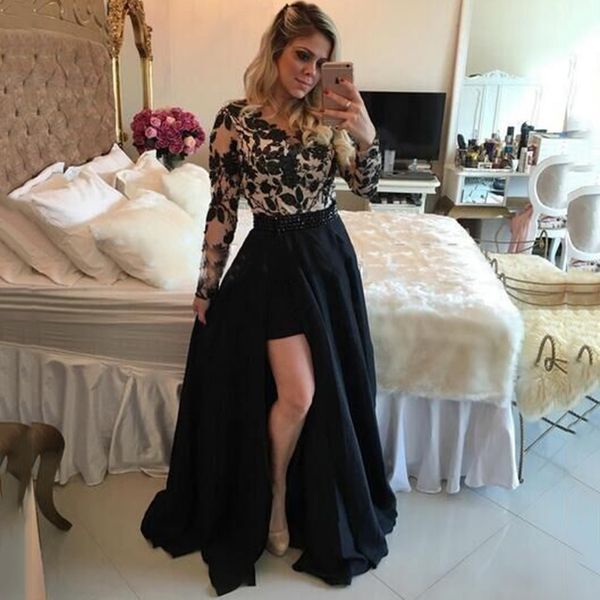 see through dress black long sleeves high low prom dresses with detachable skirt lace applique evening party dresses gowns
see through dress black long sleeves high low prom dresses with detachable skirt lace applique evening party dresses gowns