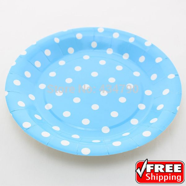 

wholesale-60pcs 9" blue paper plates white polka dot,wholesale birthday party,baby shower,wedding dishes tableware-choose your colors