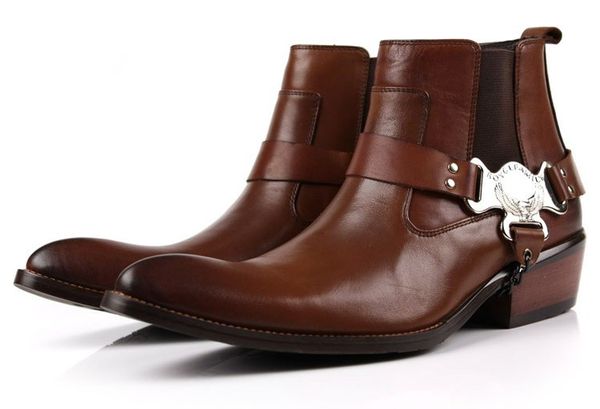 

Большой размер EUR45 мода коричневый загар/ черный острым носом мужские ботильоны повседневная обувь из натуральной кожи мотоцикл сапоги с пряжкой