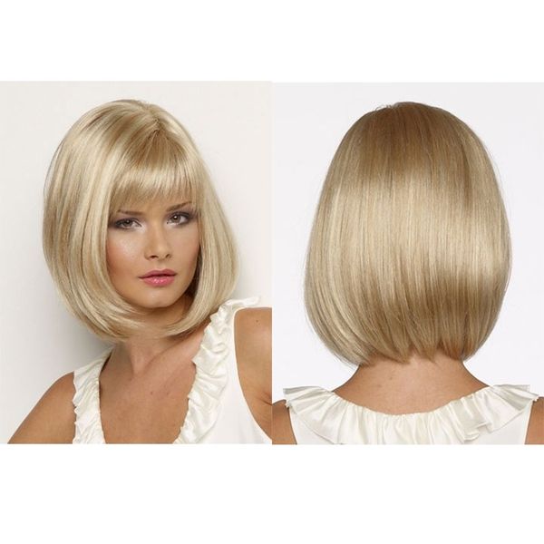 

Popular Blonde hair Straight Short Bob Wig With Bangs For Women Synthetic High Heat Fiber Wigs Full Lace Wig Senior Silk Mix Length