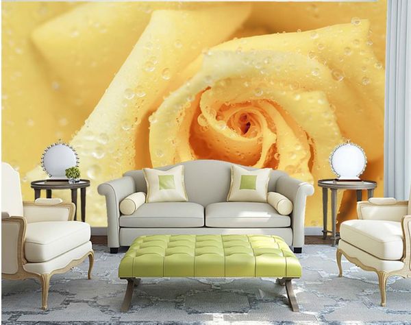 yellow rose water drops background mural 3d wallpaper 3d wall papers for tv backdrop