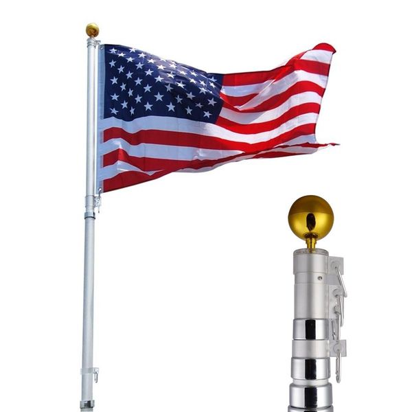 

25ft Aluminum Telescoping Flagpole Kit Outdoor Gold Ball + 1 US America Flag New