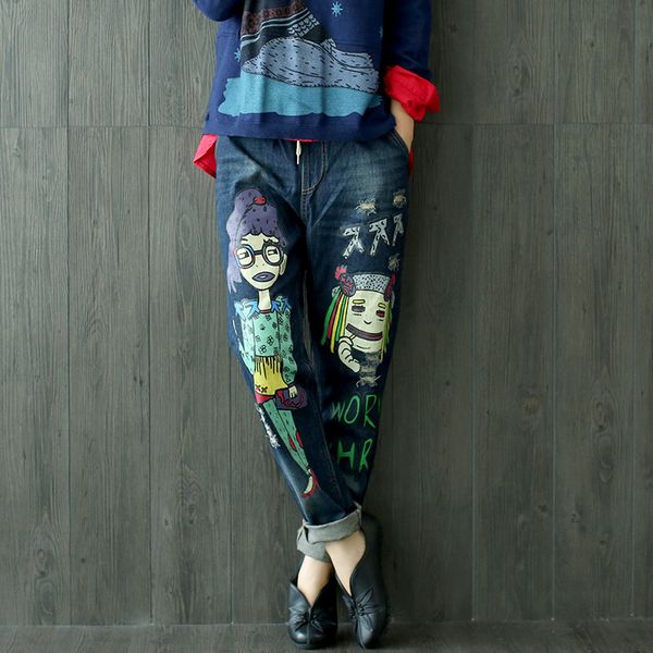 wholesale- women korean cartoon personality hole loose denim trousers ladies elastic wais straight denim pants female character print jeans, Blue
wholesale- women korean cartoon personality hole loose denim trousers ladies elastic wais straight denim pants female character print jeans, Blue