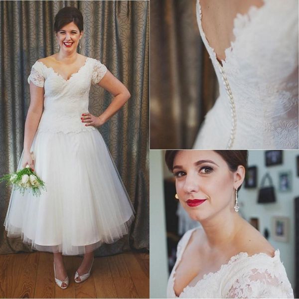 vintage ankle length 50s wedding dresses short sleeve v neck lace tulle a line short bridal gowns custom size, White
vintage ankle length 50s wedding dresses short sleeve v neck lace tulle a line short bridal gowns custom size, White