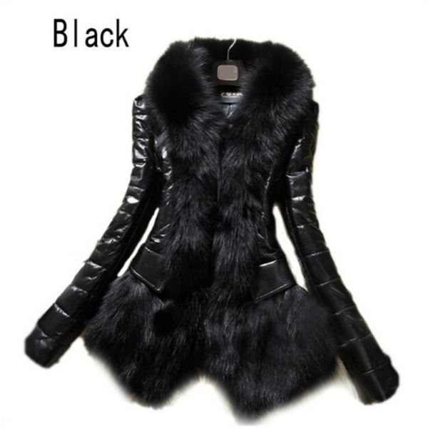women's faux fur coat leather outerwear snowsuit long sleeve jacket black fashion