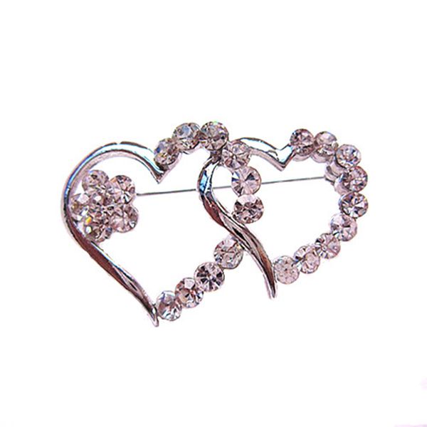 rhodium silver tone clear diamante crystal double heart small pin brooch, Gray