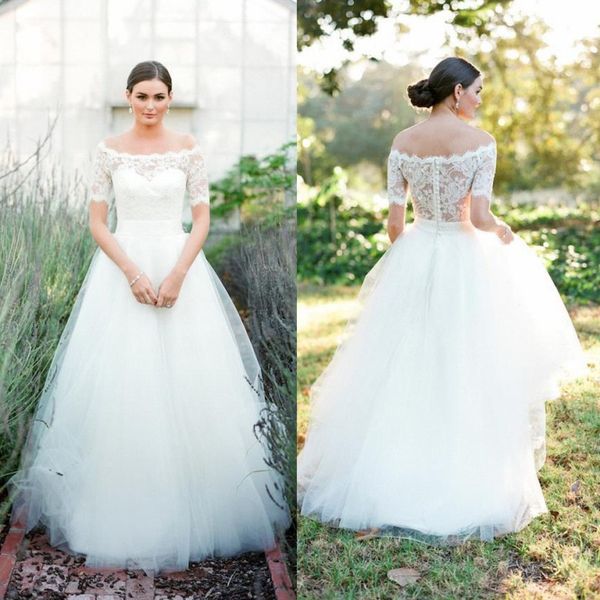 2017 boho country style off the shoulder wedding dresses a line soft tulle puffy with lace half sleeves covered button bridal gowns ba4528, White
2017 boho country style off the shoulder wedding dresses a line soft tulle puffy with lace half sleeves covered button bridal gowns ba4528, White