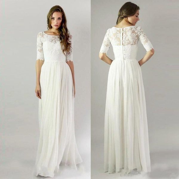 2017 summer chiffon beach wedding dresses with sheer half sleeves lace applique bridal gowns floor length custom made, White
2017 summer chiffon beach wedding dresses with sheer half sleeves lace applique bridal gowns floor length custom made, White