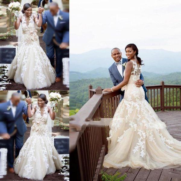 south african champagne lace wedding dresses sheer neck sleeveless appliqued tulle bridal gowns with ribbon belt wedding vestidos 2017, White
south african champagne lace wedding dresses sheer neck sleeveless appliqued tulle bridal gowns with ribbon belt wedding vestidos 2017, White