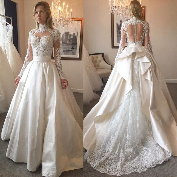 2019 new luxury high neck wedding dresses long sleeve transparent back ball gown beaded lace satin bridal gowns custom size, White
2019 new luxury high neck wedding dresses long sleeve transparent back ball gown beaded lace satin bridal gowns custom size, White